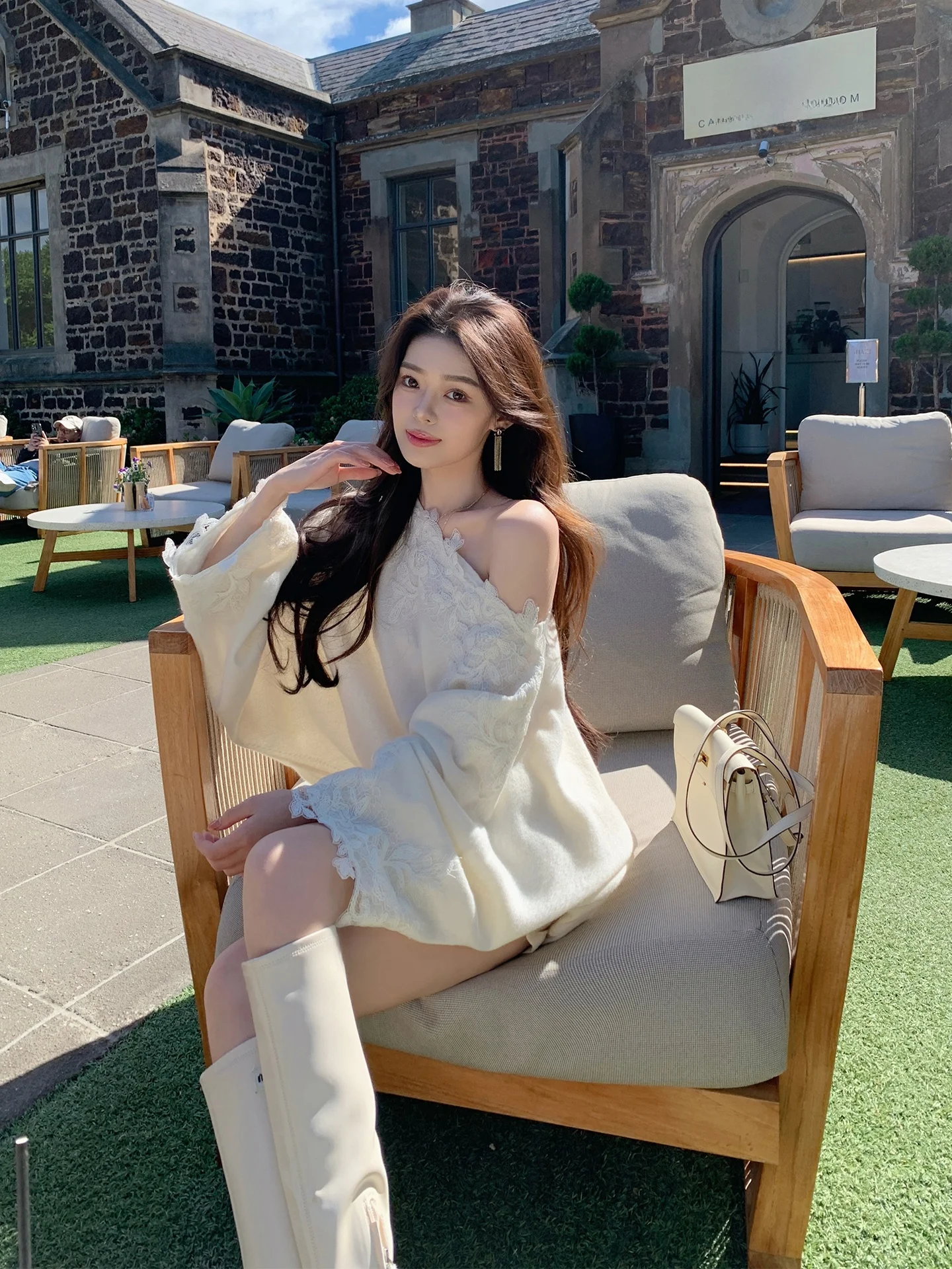 

ByYou Heavyweight Lace 00 Pure Wool White Knitted Sweater Women Winter oulder Bared Batwing Sve Base Top Casual Loose Fit