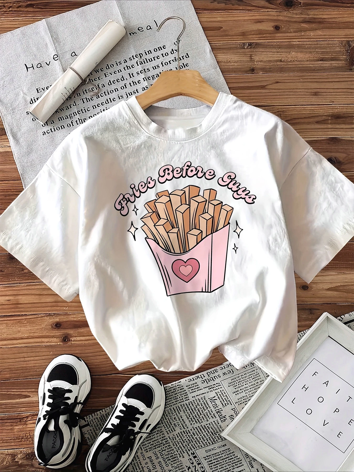 

Women's Fries Graphic T-Shirt "Fries Before Guys" Short Sleeve Crew Neck Top with Pink Letter Print Heart Design Fit Plus Size