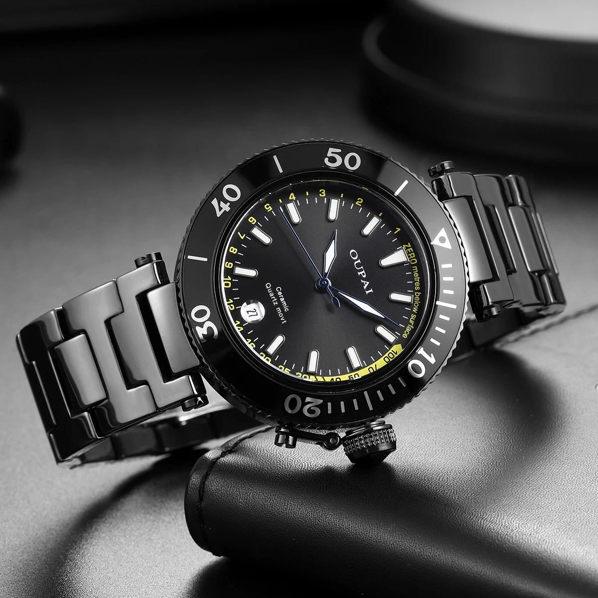 

Oupai round black ceramic quartz move watch simple and sport watch men's wristwatch Calendar waterproof Luminous