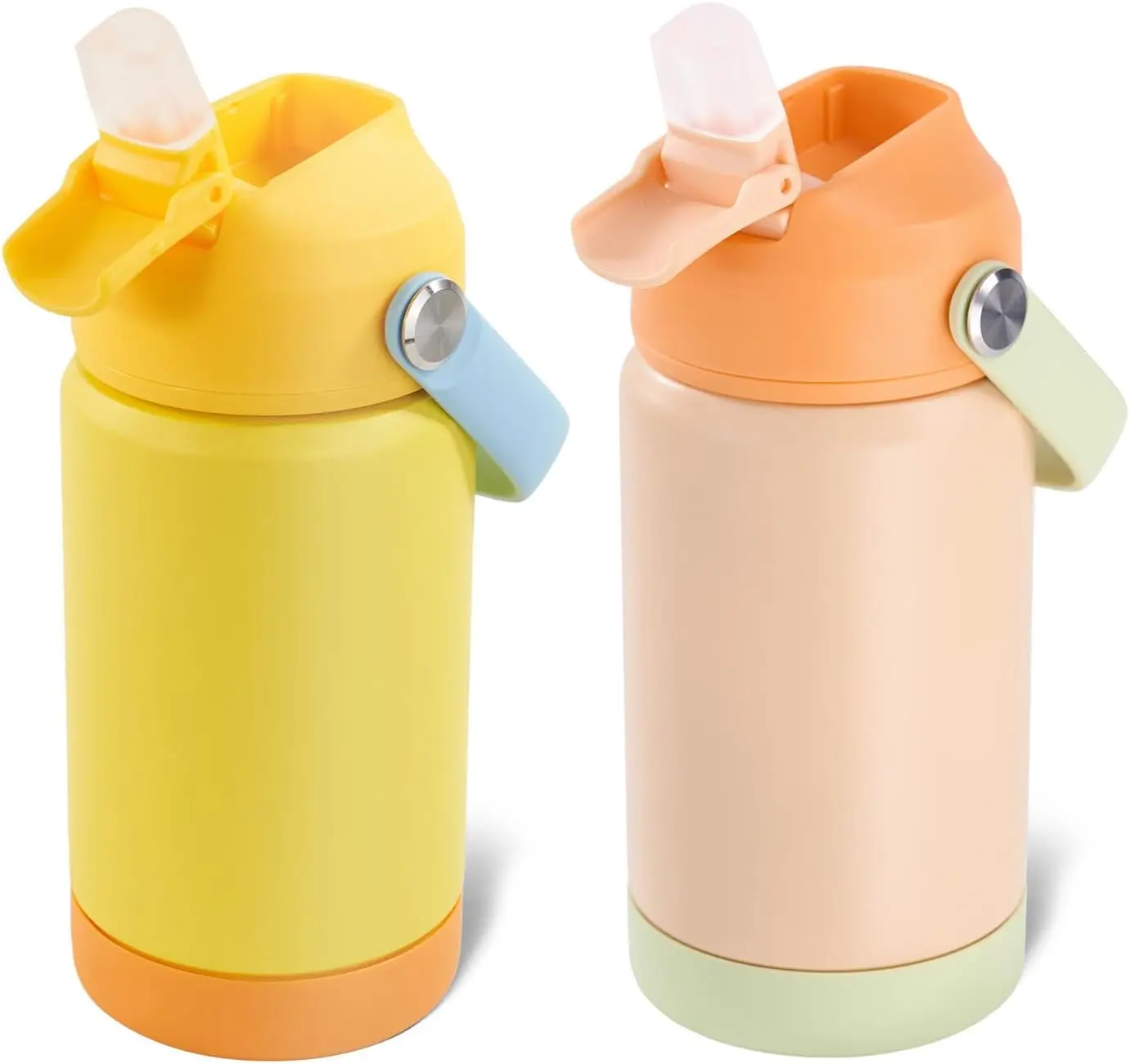 

12oz Kids Water Bottle 2 Pack, Stainless Steel Insulated, Leak-Proof Toddler Cups with Straws, BPA Free, Cantaloupe + Yellow