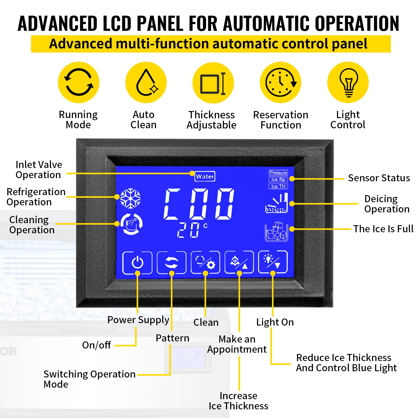 VEVOR-máquina de hielo de cubo comercial con bomba de drenaje de agua, 120/145/200 KG/24H, congelador líquido de limpieza automática independiente, generador de hielo
