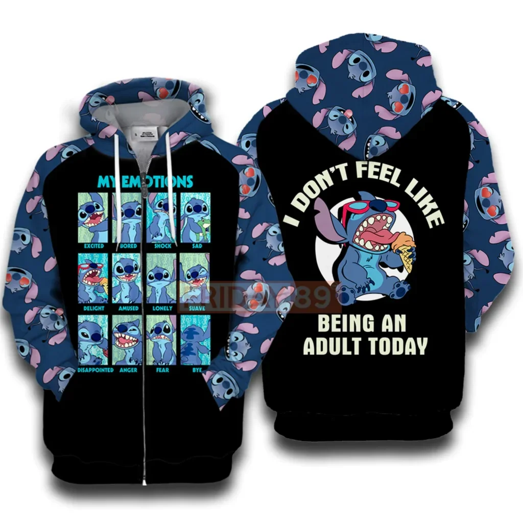 Disney STITCH 3D HOODIE STITCH EMOTIONS HOODIE I DON'T FEEL LIKE BEING AN ADULT TODAY SHIRTDN STITCH HOODIE SWEATSHIRT TANK