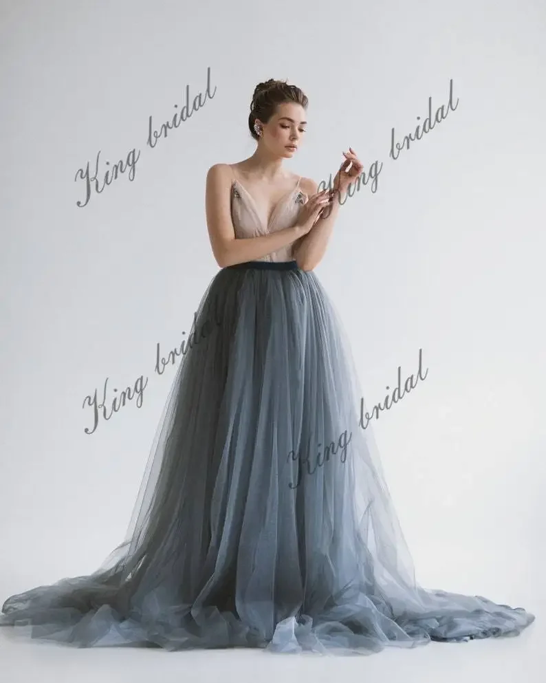Custom Made Dark Blue Wedding Dress Tulle Bridal Full Dress, Bridal Bow Sash Dress Bride Simple Wedding Party Evening Dresses