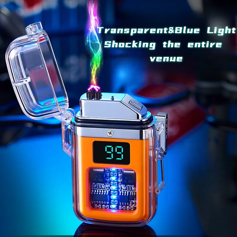 

New Dynamic Waterproof and Windproof Double Arc Pulse Lighter With Digital Display Transparent Body Outdoor Lighting Tool