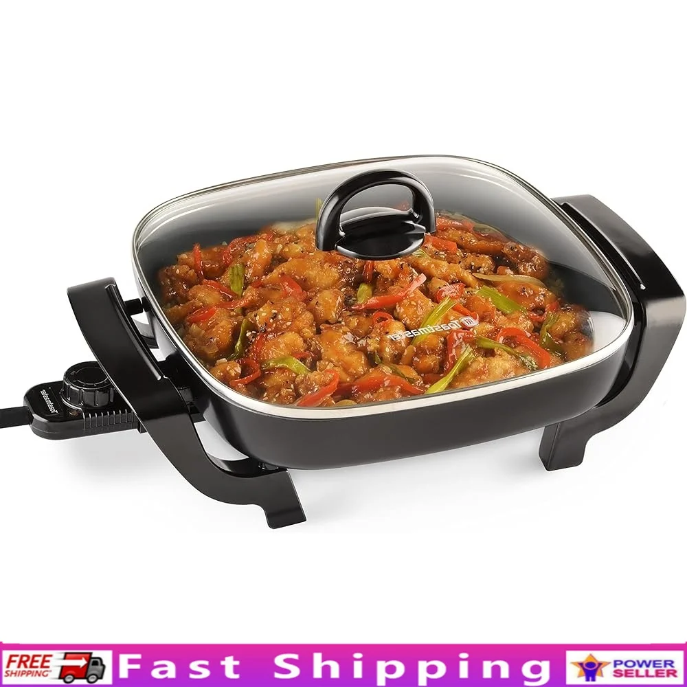 Sartén antiadherente de 12 pulgadas, Control de temperatura ajustable, tapa de vidrio templado, sartén de fácil liberación con sonda de temperatura