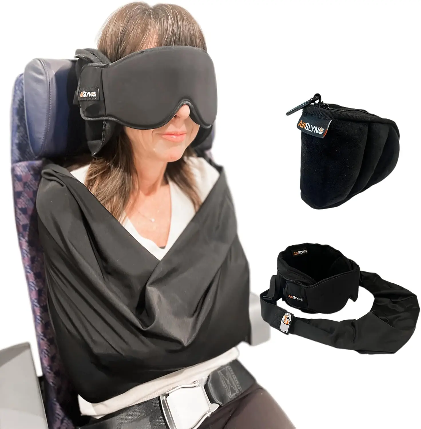 

3-in-1 Airplane Sleep Support System with Memory Foam Pillow, Adjustable Eye Mask, and Blanket Sling for Carry-On Travel