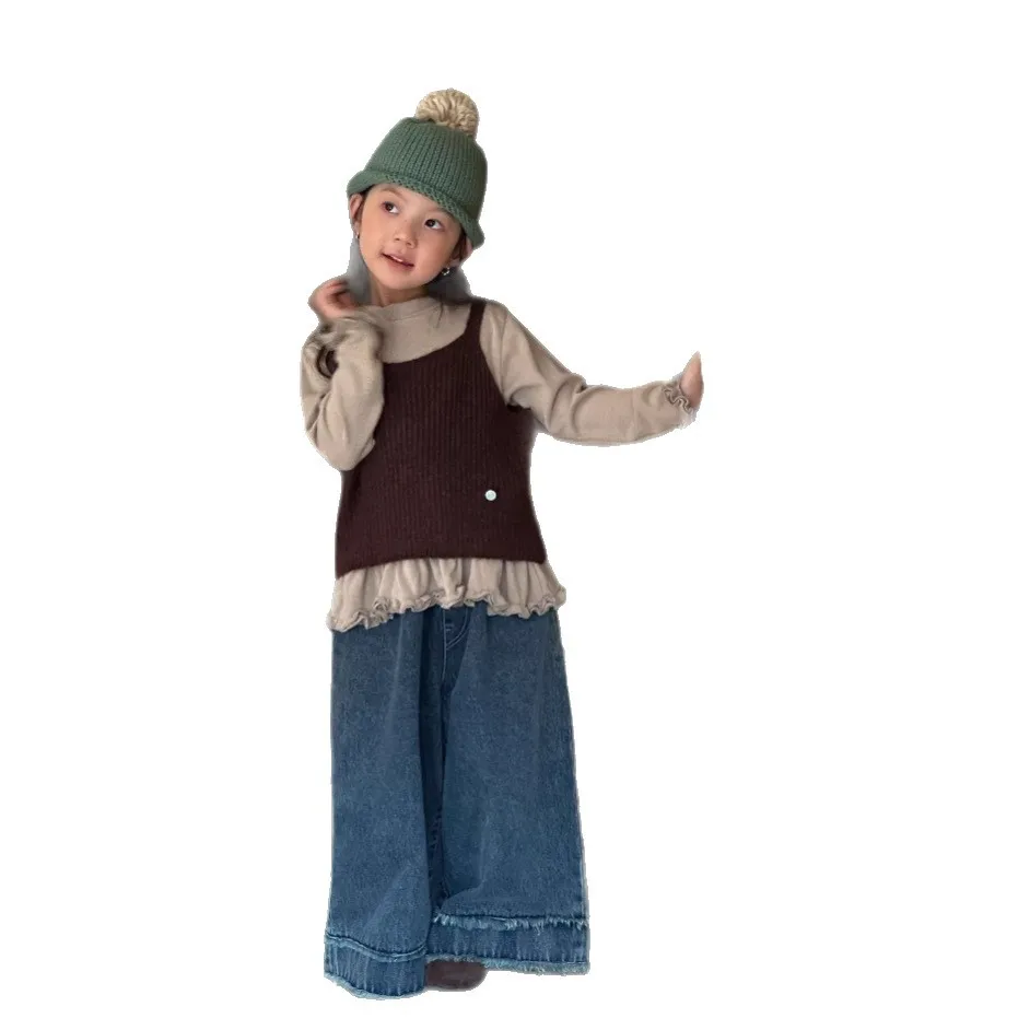 2026 Spring Autumn Fall New Korean Little Girl Brown Knit Vest Girls Stylish Loose Casual Pants Two Piece Set 5