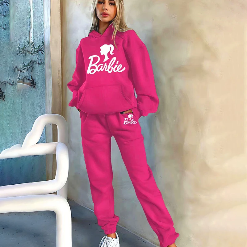 2024 New Girls Sports Sweatshirt and Sweatpants Suit Barbie Cartoon Casual Fashion Plus Velvet Autumn and Winter Two-Piece Suit