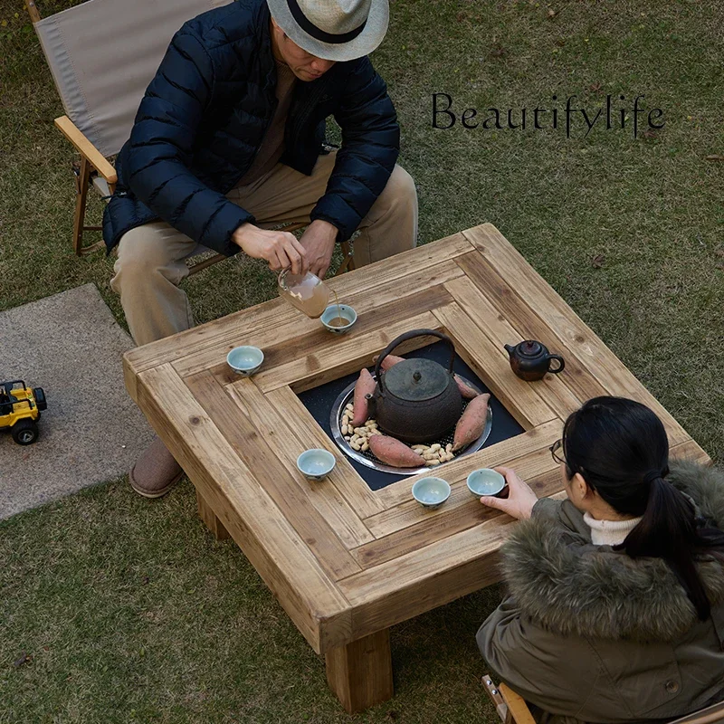 

Vv Cc Solid Wood Square Stove Tea Table Balcony Household Fire Heating Low Table Retro Log Wind Coffee Table