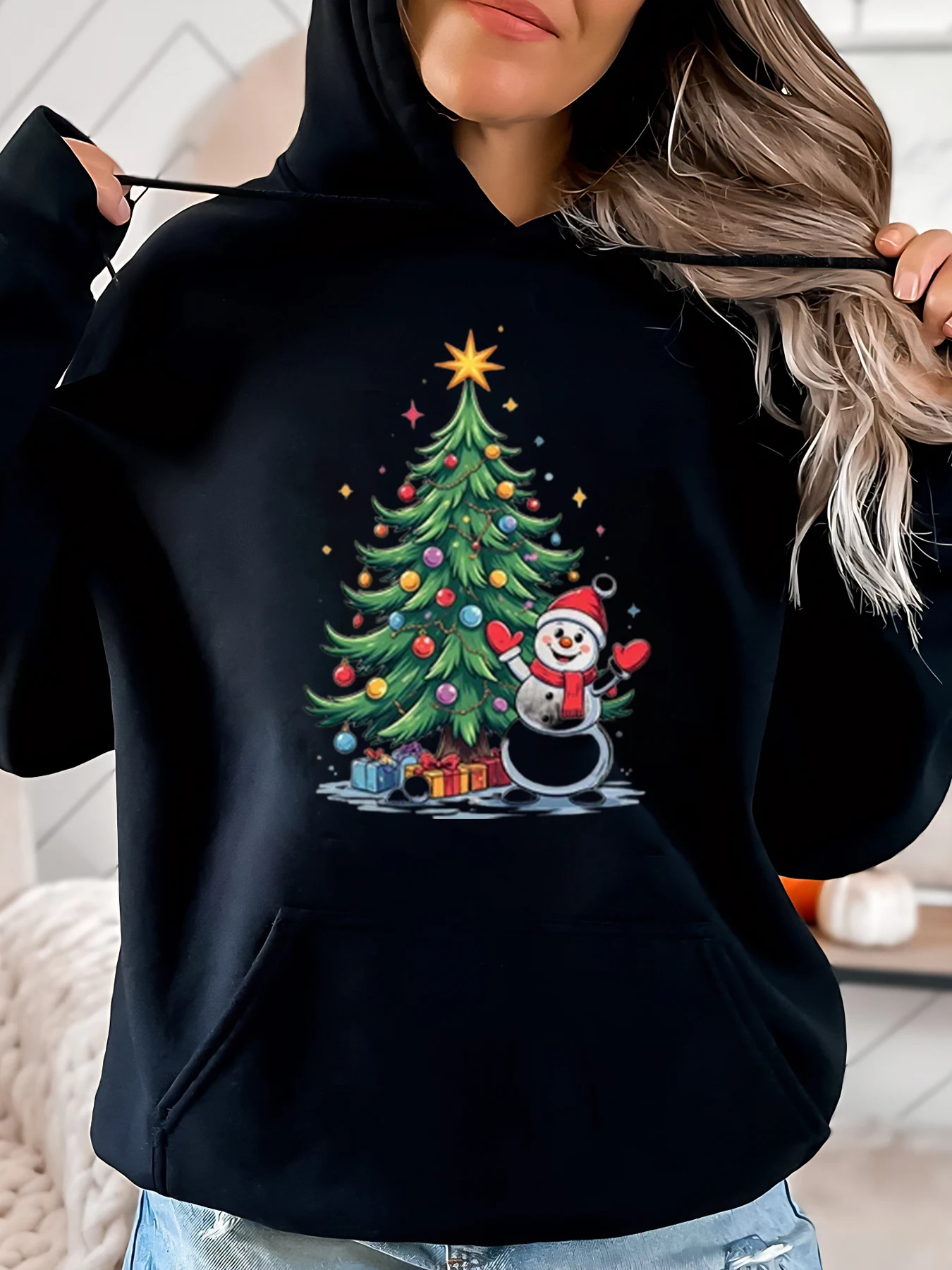 

Рождественская толстовка с принтом рождественской елки и снеговика, женская повседневная зимняя праздничная одежда, черная, больших размеров