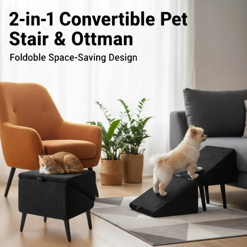

[Non-slip] Lightweight Folding Dog Ramp & Pet Stairs with Ottoman - Adjustable Height (Suitable for all dog sizes), Non-Slip Steps, Portable Indoor/Outdoor Stairs with Ramp or Step Stool for Beds, Sofas - for large/small Dogs