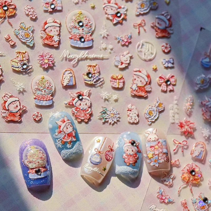 Cute Bunny Flower Crystal Ball Bowknot Snowflakes Snowman Christmas Tree Elk Winter Santa Deer Nail Art Stickers Manicure Decals