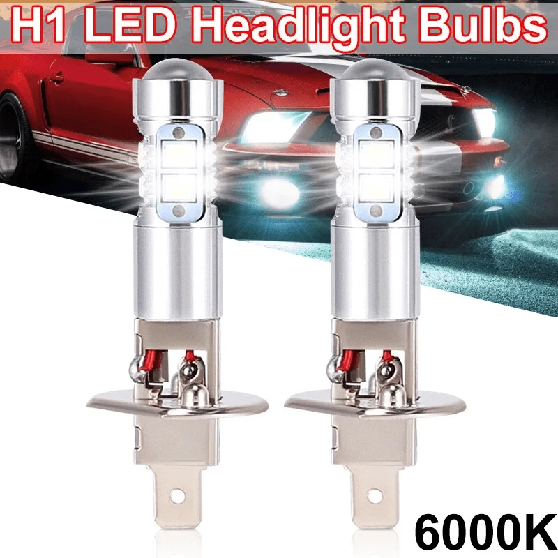 Set of 2 H1 LED Headlight Bulbs for High And Low Beams, Fog Lights, 6000K White, 50W, Battery Not Included