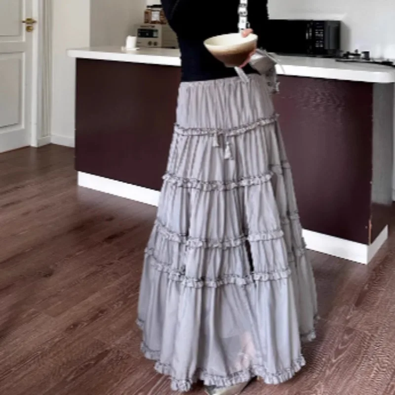 Spring Autumn Women Skirts Solid Ruffles Sweet A-line Elegant Long Skirt Korean Fashion Sweet Vintage Faldas Mujer