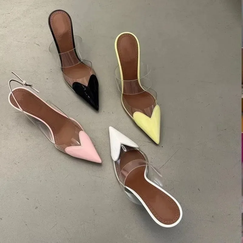 Mulas de PVC con punta puntiaguda en forma de corazón, tacones altos transparentes, zapatillas con correa de charol para boda, sandalias de tacón de aguja, zapatos de mujer