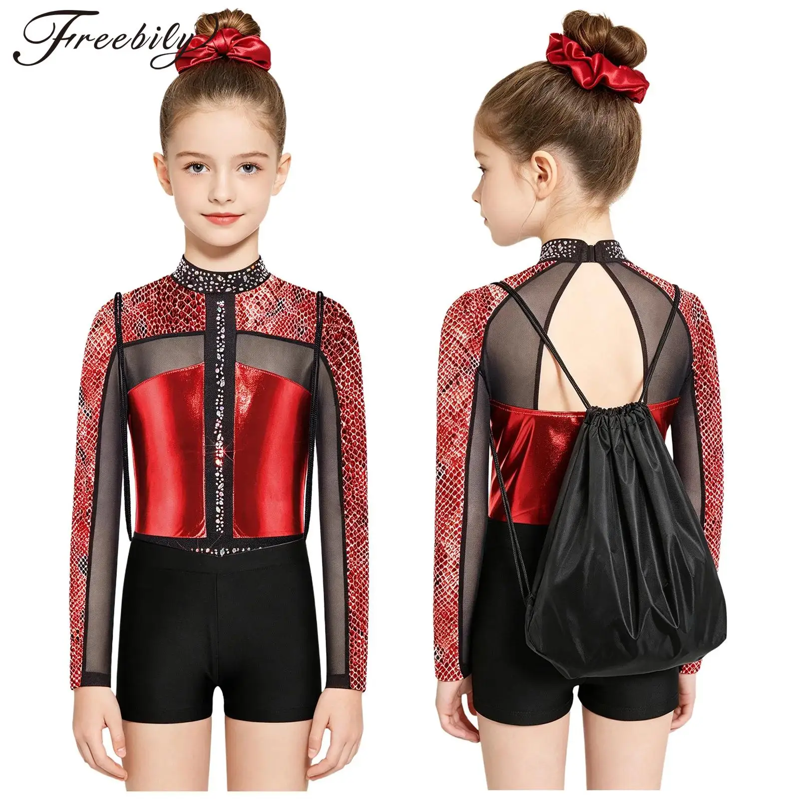 Kids Girls Metallic Shiny Gymnastics Leotard Rhinestones Long Sleeve Printed Ballet Dance Skating Acrobatic Bodysuit with Shorts