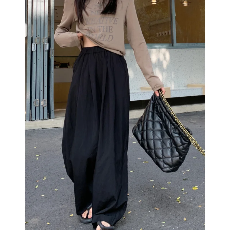 للمرأة قيعان أسود الرباط Sweatpants عادية عالية الخصر مستقيم التطهير السراويل موضة فضفاض واسع الساق بنطلون السيدات Autum #5