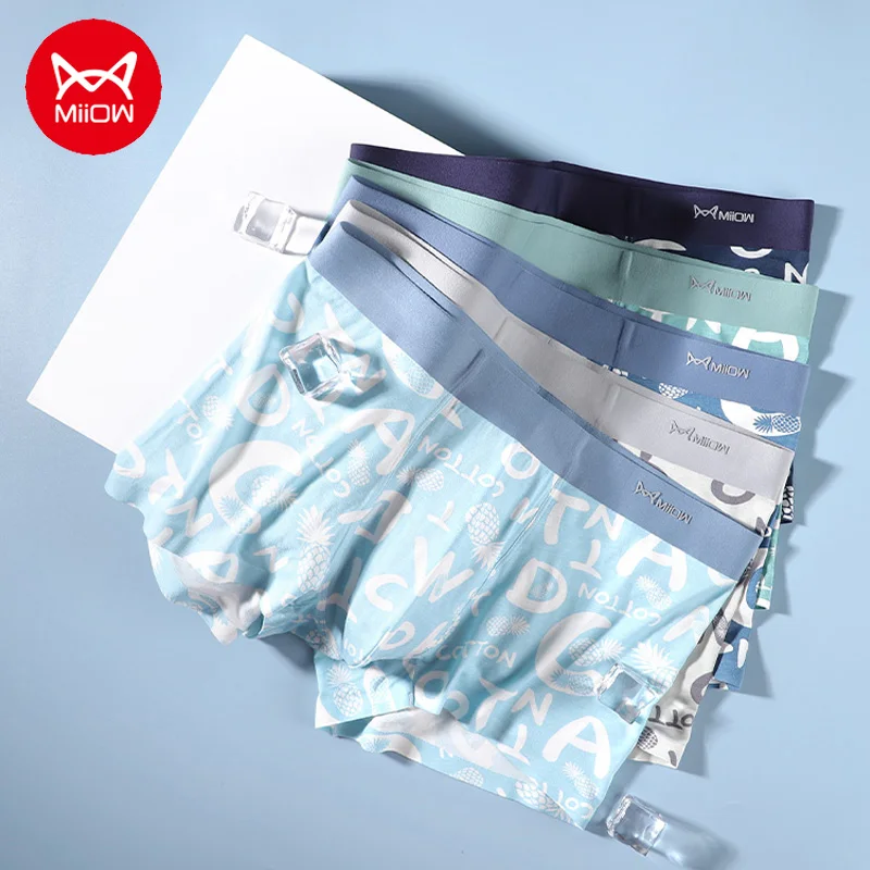 MiiOW 3Pcs Ice Silk Seamless Men's Boxer Shorts Cotton Antibacterial Crotch Underwear Male Breathable Modal Print Man Underpants