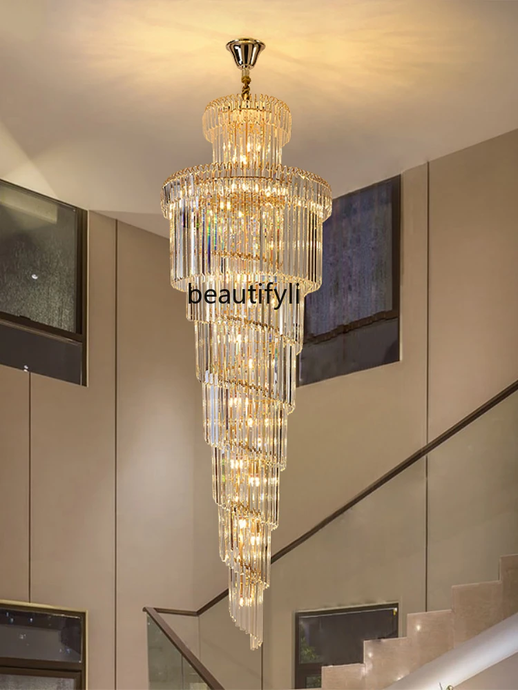 HJ Long Chandelier Villa Hollow Duplex Building Lamps Modern European Style Crystal Lamp