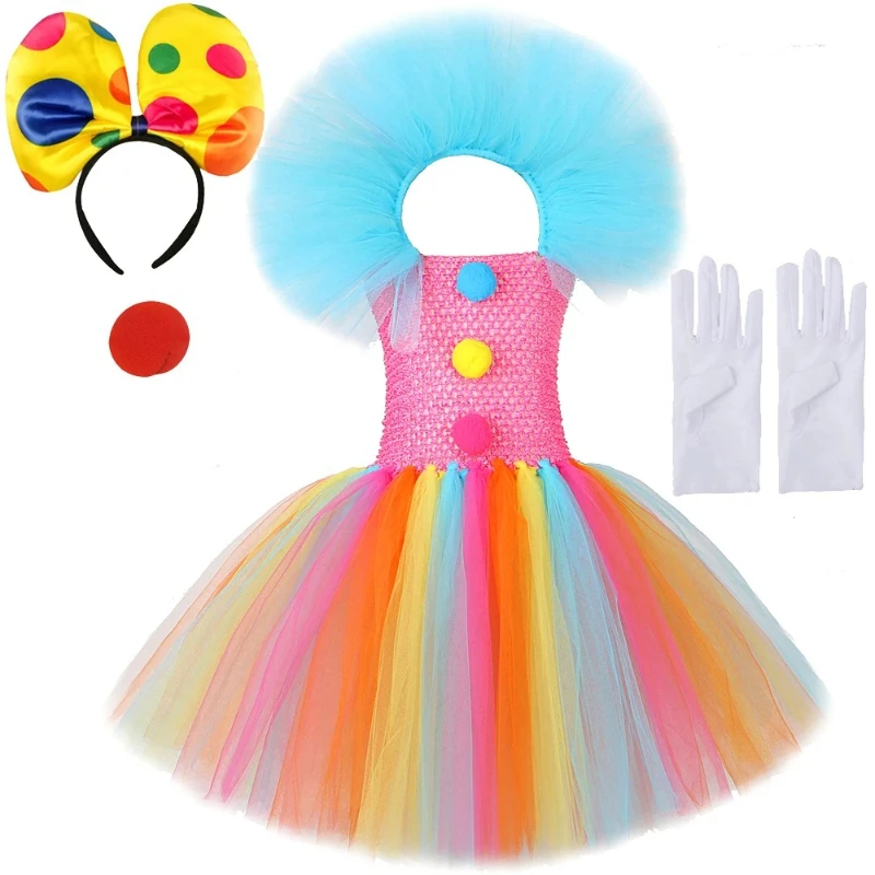 Funny Joker Cosplay Costumes for Girls Rainbow Circus Clown Carnival Halloween Tutu Dress for Kids Children Fany Clothes Outfit