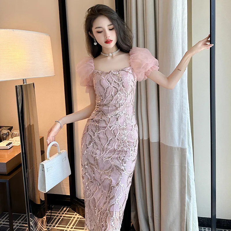 Banquet Sequin Formal Dress Summer New French Mesh Puff Sleeve Slim-Fit Pink