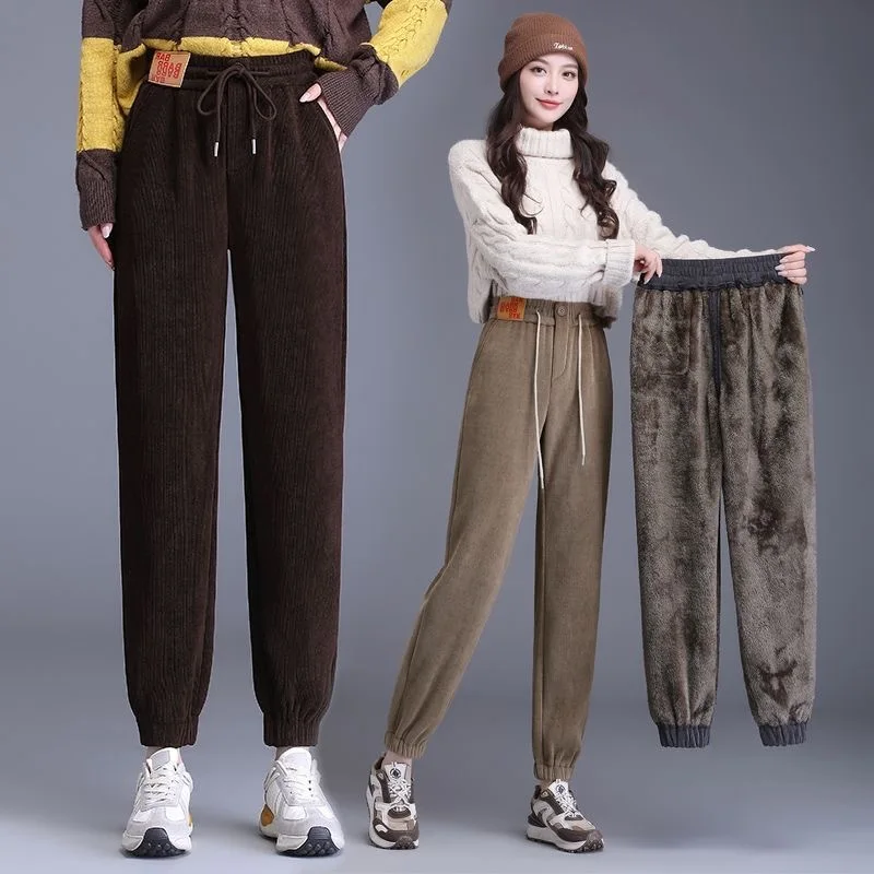 

Women Casual Corduroy Harem Pants Plus Velvet High Waist Vintage Winter Trousers Drawstring Zipper Stretch Sweatpants Plus Size