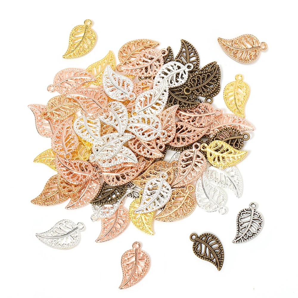 50pcs 17x9mm Tree Leaf Charms Pendants Small Metal Leaf Pendants for Bracelet Accessories Jewelry Findings Making Wholesale DIY