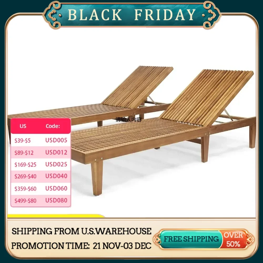 Great Deal Furniture Outdoor Wooden Chaise Lounge (Set of 2), Teak Finish，78.75 x 24 x 12 inches