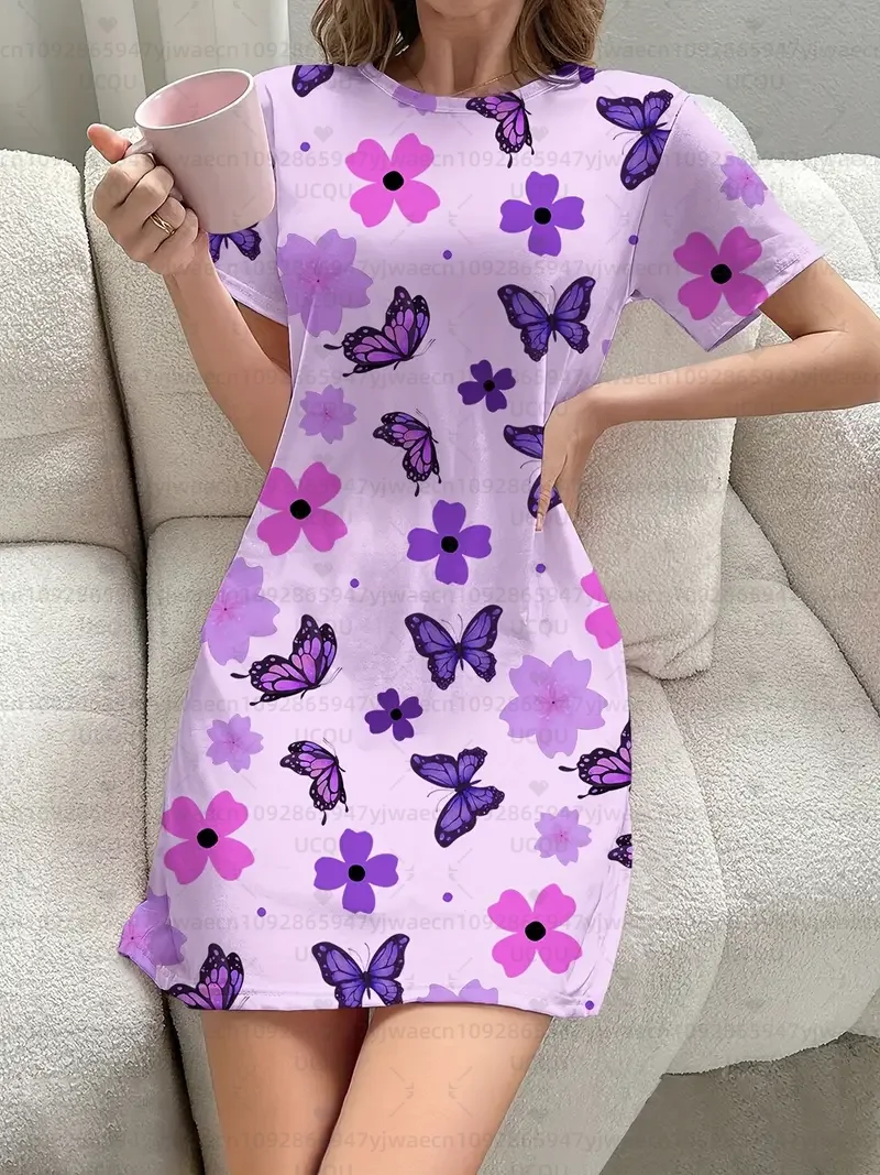 夏の女性の Tシャツドレスプラスサイズカジュアル蝶プリントプリント O ネックレディ半袖プルオーバーナイトドレス女性服