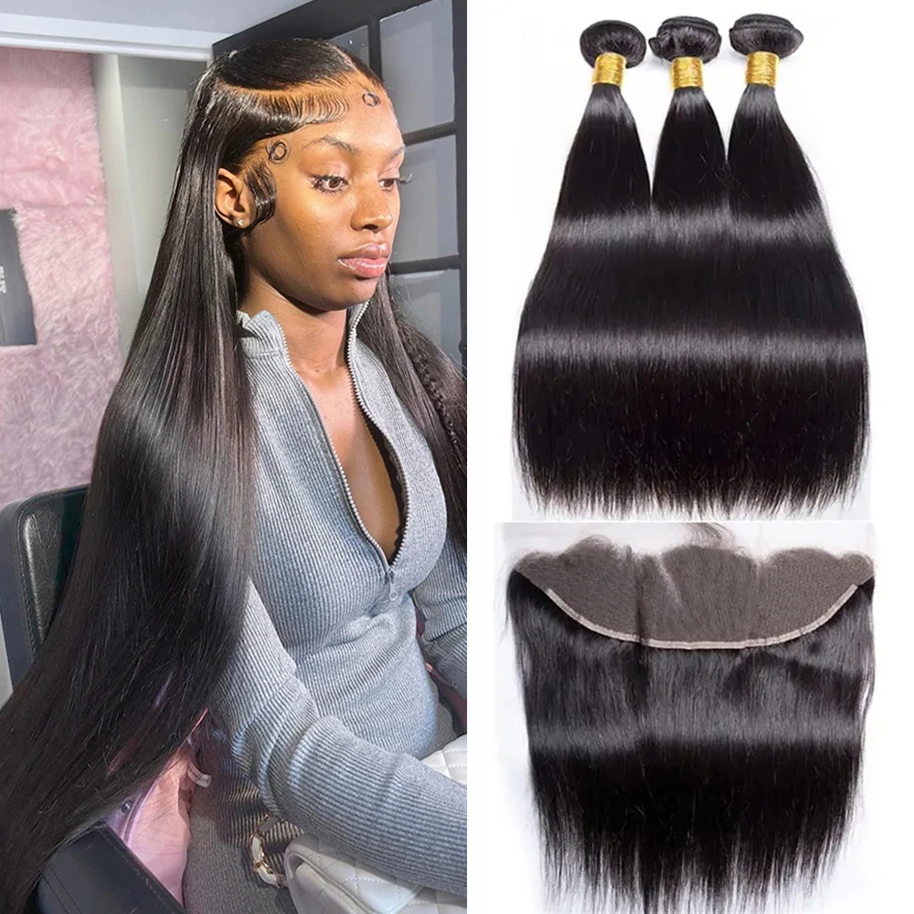 

Brazilian Human Hair Bundles with 13x4 Lace Frontal Straight Remy Human Hair 28 30 32 Inch Bundles with Pre Plucked Lace Frontal