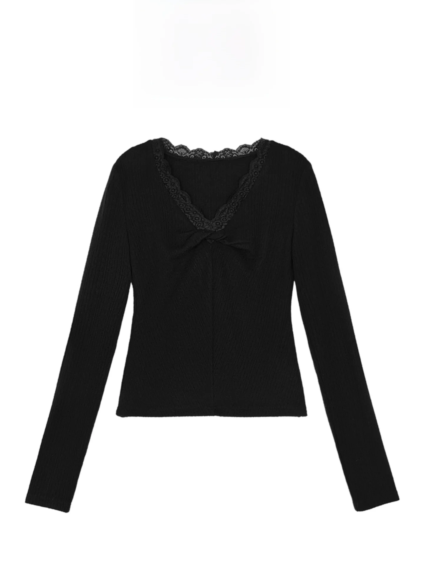 

Утепленный женский трикотажный топ Slimming Korean Sle с кружевной отделкой, универсальный, мягкий, с V-образным вырезом, теплый