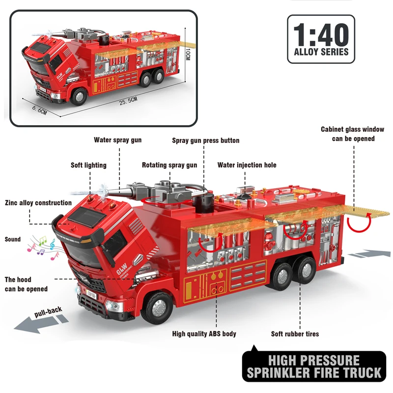 1:40 Fire Fighting Water Spray Truck Model Ladder Vehicle Kids Toys Alloy+Plastic Car Sound Light Pull Back Collection Boys Gift