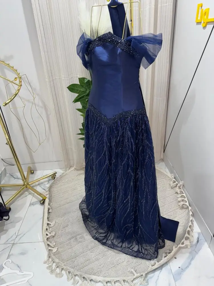 

Navy Blue Off the Shoulder Evening Dress A-line Luxury Beaded Crystal Saudi Arabic Prom Gowns Long-Length Customized