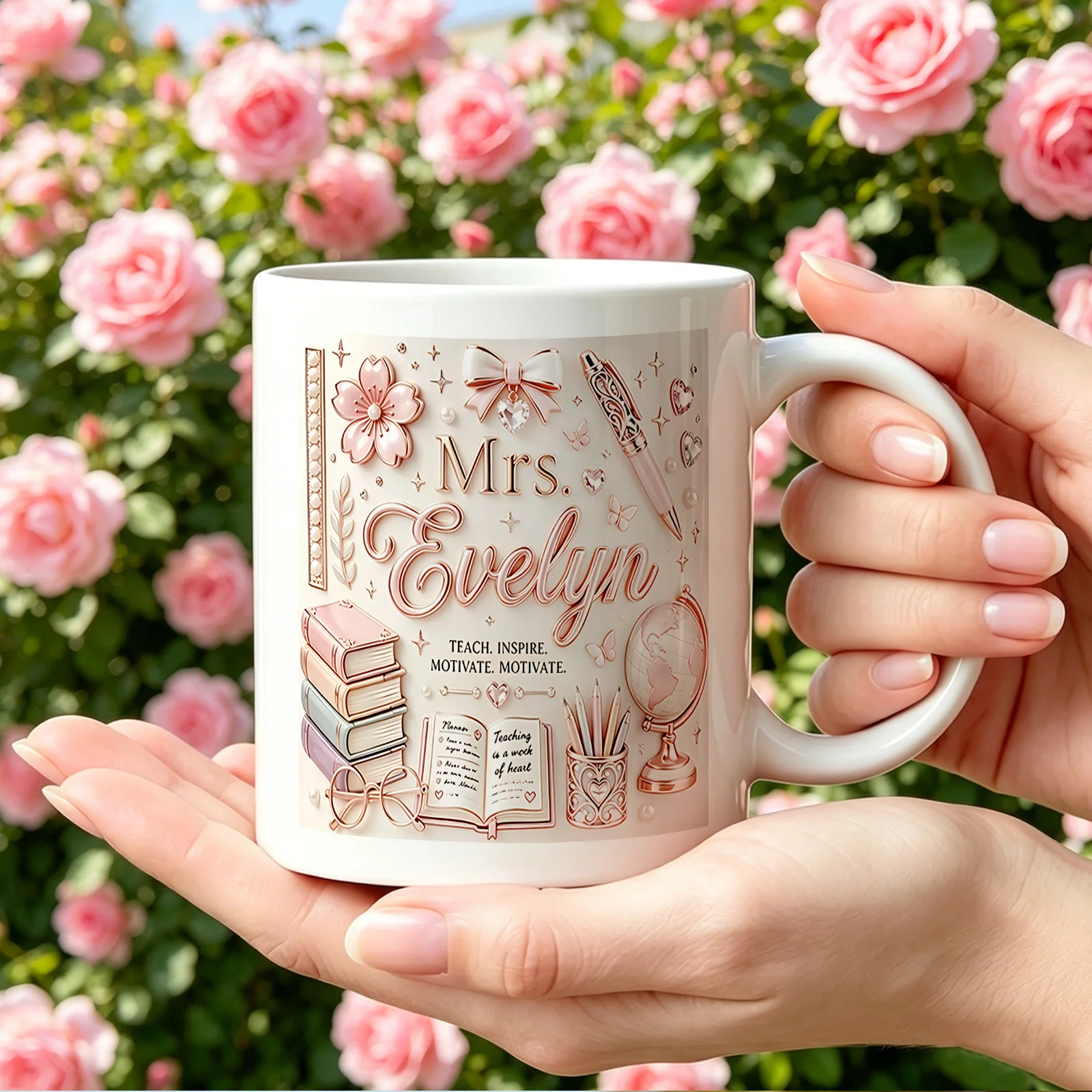 Rose Gold Personalized Coffee Mug Custom Name Ceramic Insulated Cup Dishwasher Safe Teacher Gift Women Educator Colleague Christ