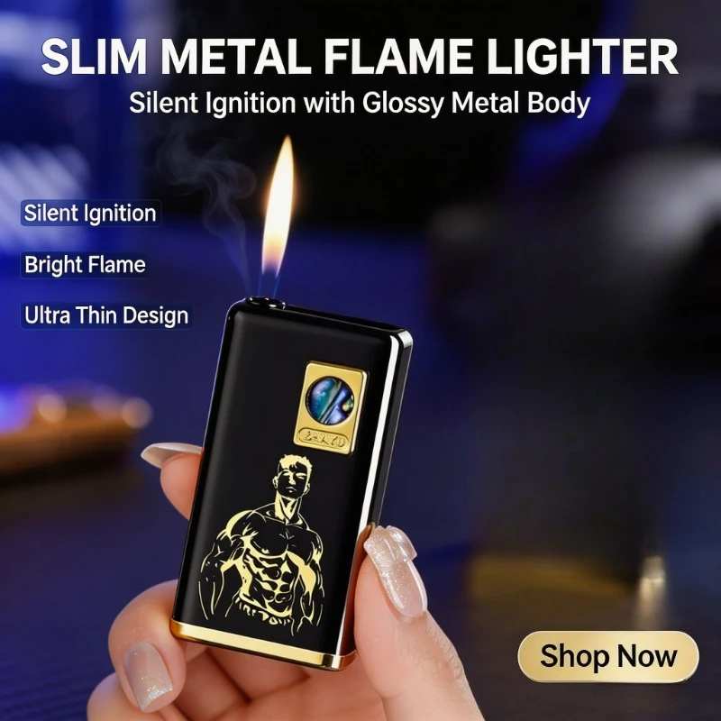 Silent Button Open Fire Gas Lighter, Creative True Color Shell Replaceable Battery,Lightweight Portable Electric Smoking Lighter