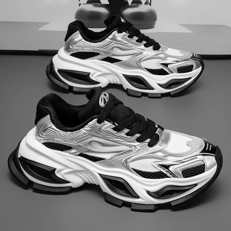 Men Silver Black Chunky Platform Sneakers Mesh Faux Leather Splicing Non‑Slip Thick Sole Street Fashion Daily Walking  Footwear