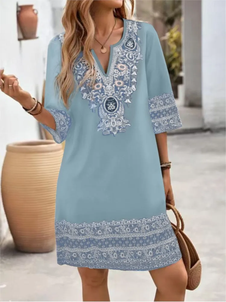 Abito casual con stampa per le vacanze per le donne Moda tre quarti con scollo a V Abiti pullover Lady Boho Vintage Abbigliamento donna Estate Nuovo