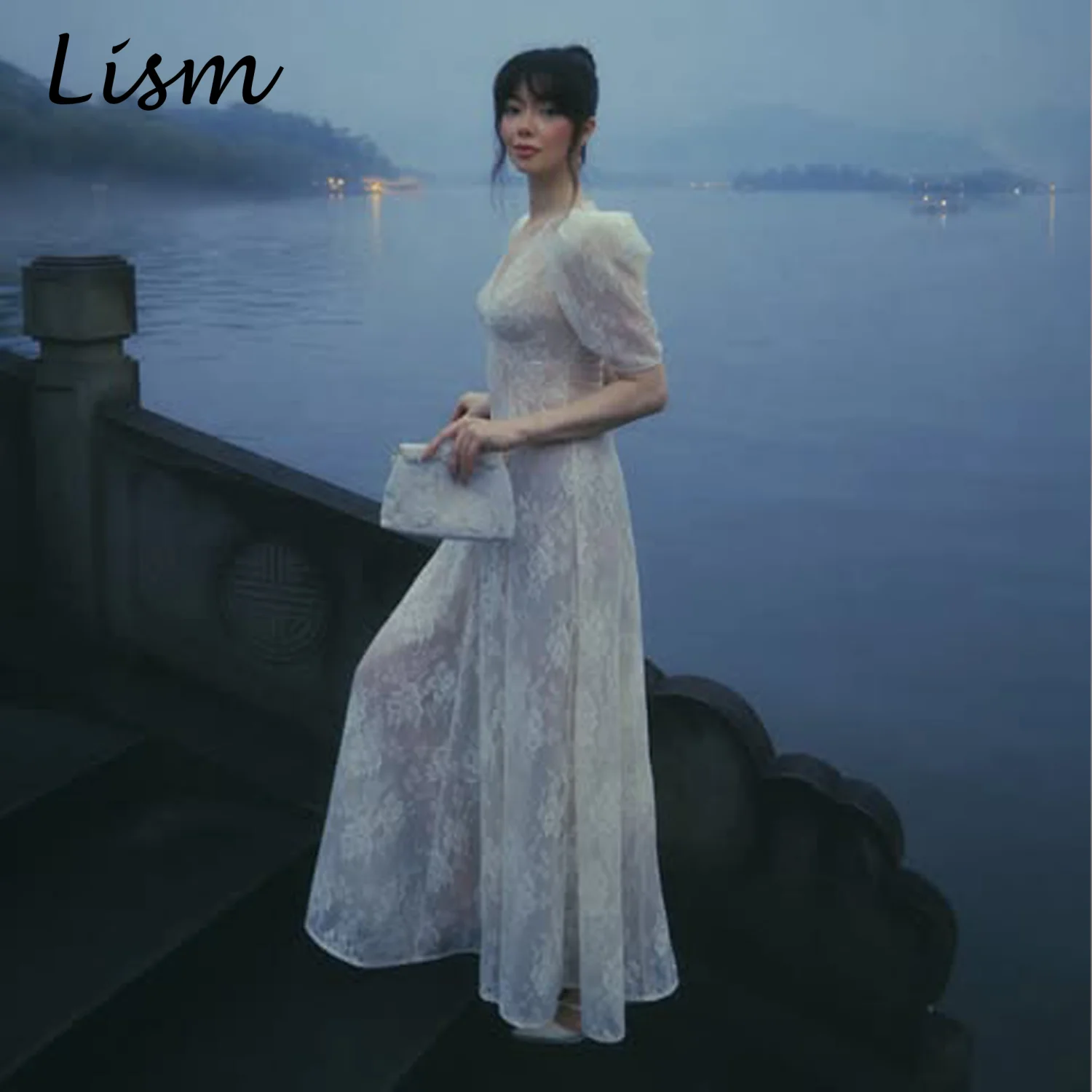 Lism Dreamy Ivory Wedding Dress A-Line V-Neck Short Sleeve Allover Floral Deep Romantic Puff Floor Length Zip Back Fit Customize