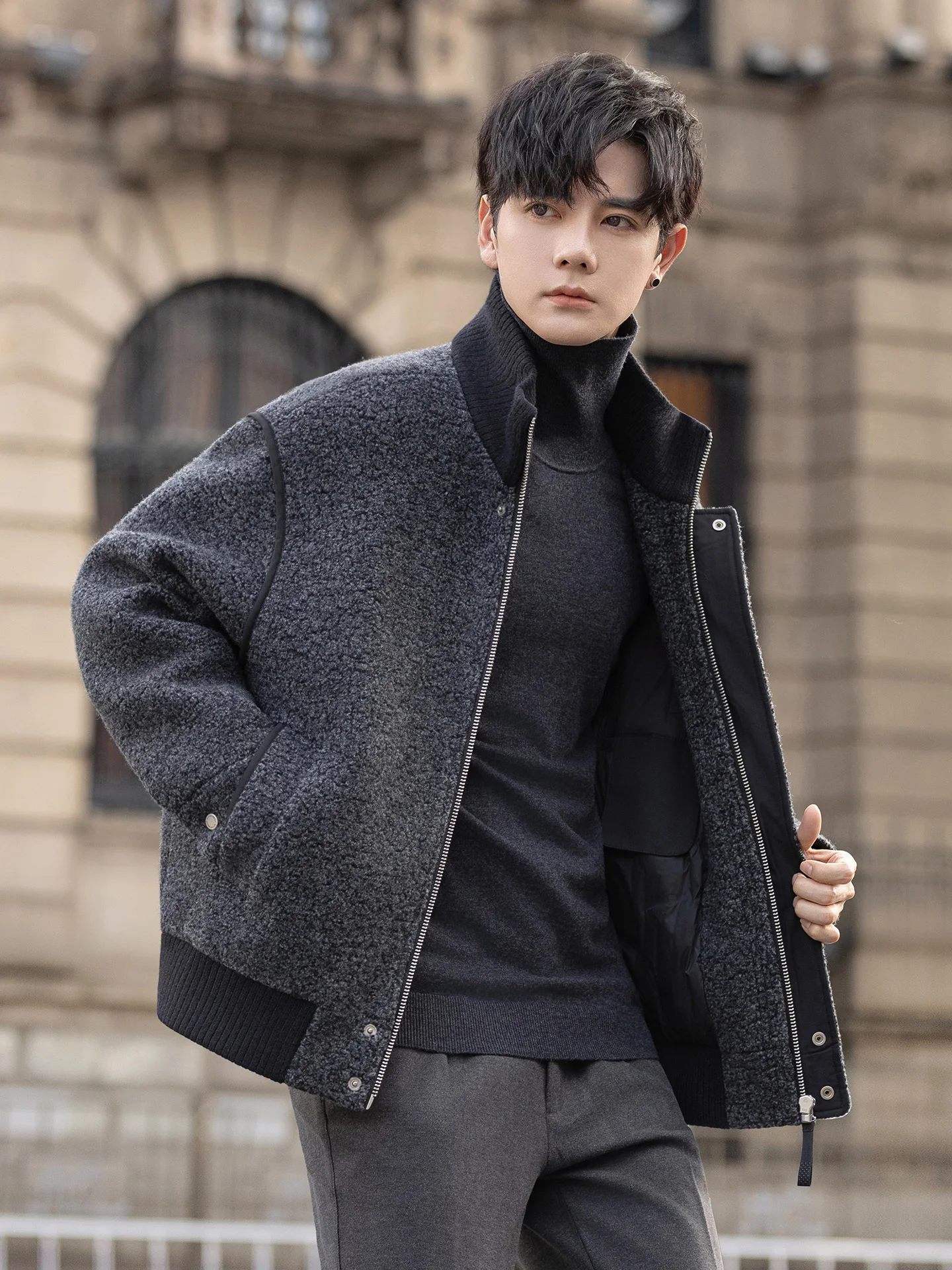 

Men's Stand Collar down Jaet Thiened Winter Faion Urban Sle White Du down Warm Outerwear Woolen Tweed Zipper Closure