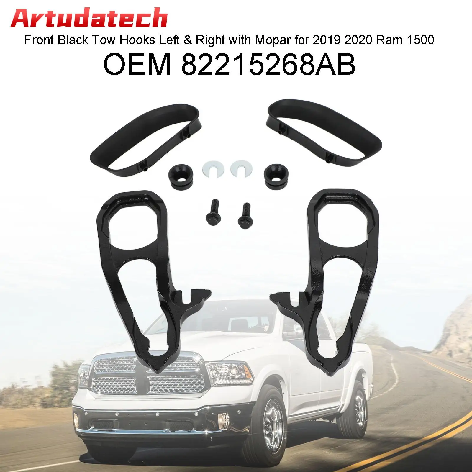 

Artudatech Front Black Tow Hooks Left & Right with Mopar 82215268AB for 2019 2020 Ram 1500 Car Accessories