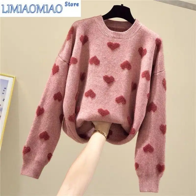 New Pink Heart Mink Cashmere Soft Winter Knitted Sweater Round Neck Korean Fashion Long Sleeve Chic Female Jumpers Sweaters