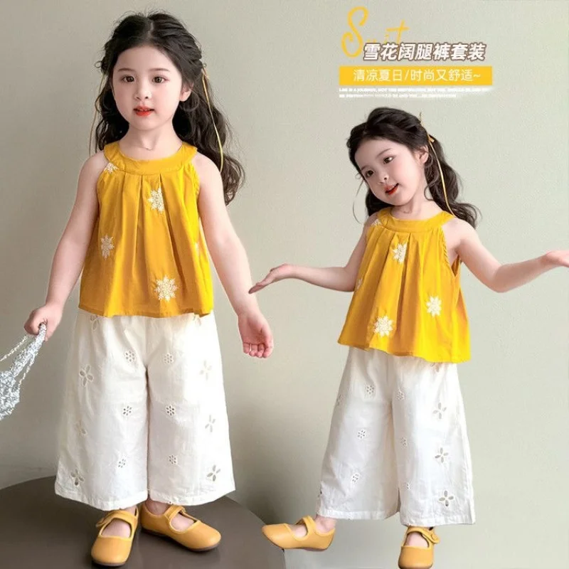 

Girls' halter neck tank top set, summer embroidered wide-leg pants for baby girls, trendy two-piece outfit for little girls