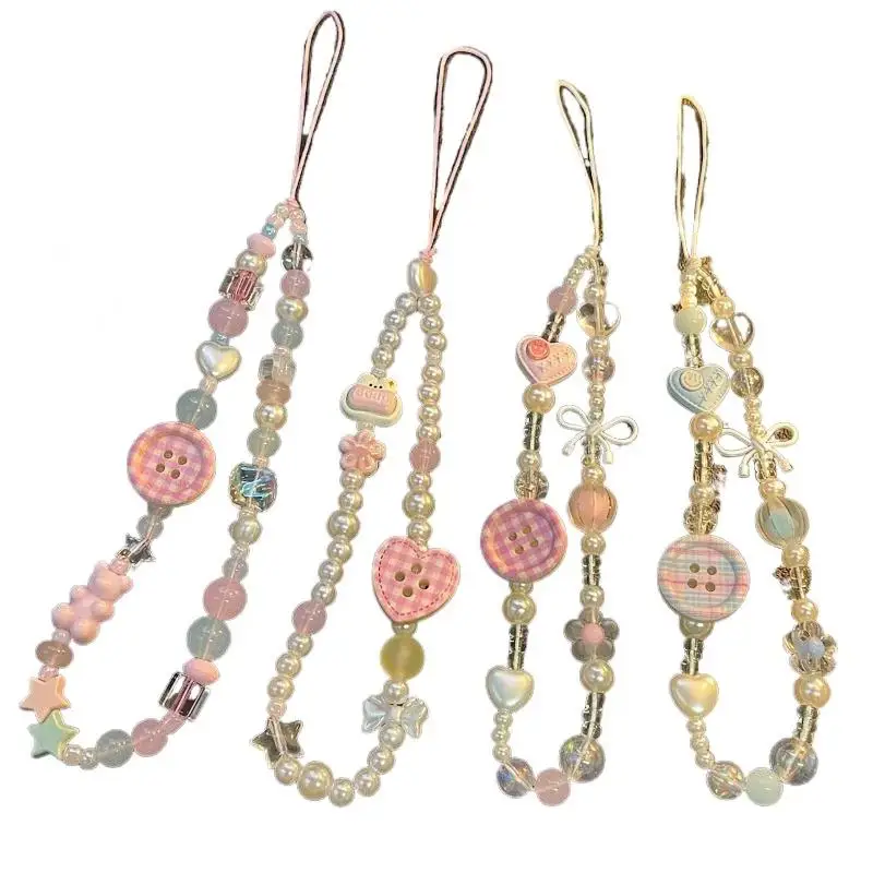 Cute Korean Pink Button 3D Beaded Phone Lanyard Anti-Lost Universal Wrist Phone Chain for Women Fashion Accessory view 6