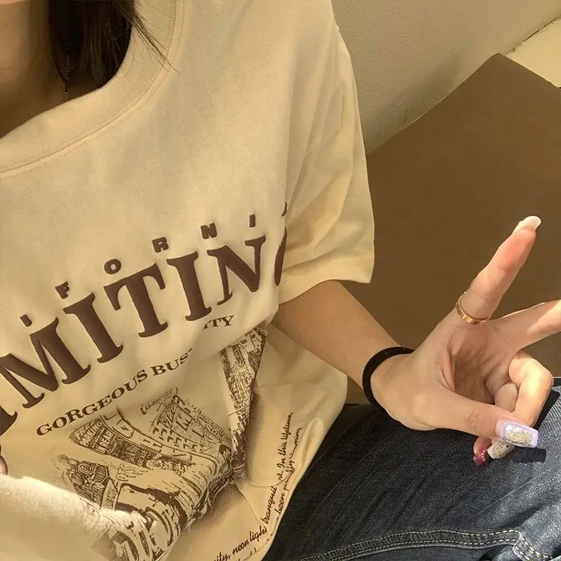 

Футболки с короткими рукавами, женские повседневные милые негабаритные топы с графическим принтом, свободная посадка, модный уличный стиль