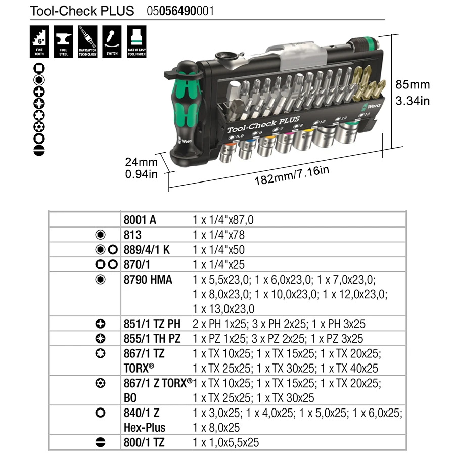 Wera 05056490001 Mini Ratchet Spanner Set 39pcs Hexagon Hex-Plus Phillips Pozidriv Slotted  Portable Screwdriver Replacement Set