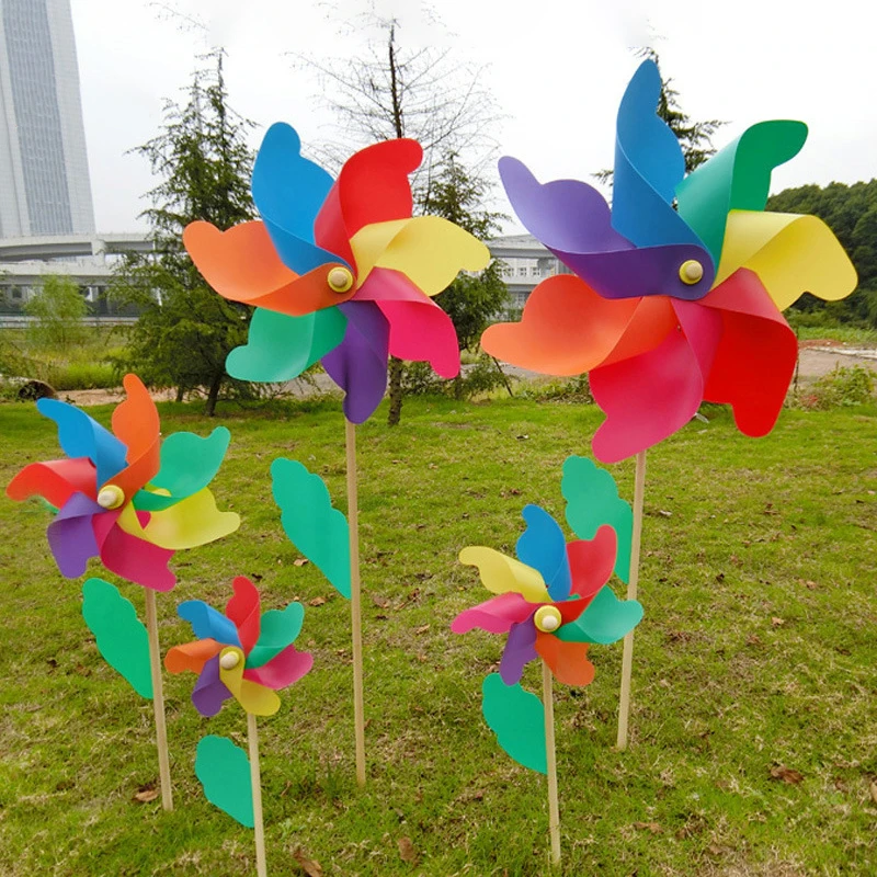 14/18/24/32CM Wooden Pole Seven Leaf Colorful DIY Windmill Garden Yard Party Outdoor Wind Spinner Ornament Garden Decoration
