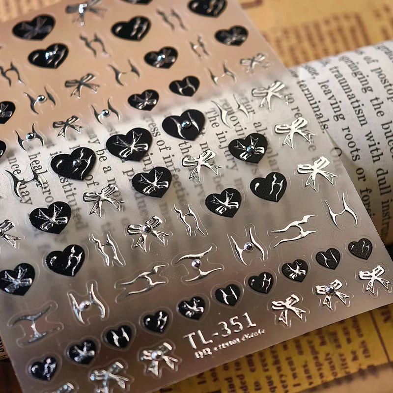 

Punk Silver Black Love Hear Bowknot Lace Lava Irregular Line Delicate Charming 5D Nail Art Decoration Stickers Manicure Decals