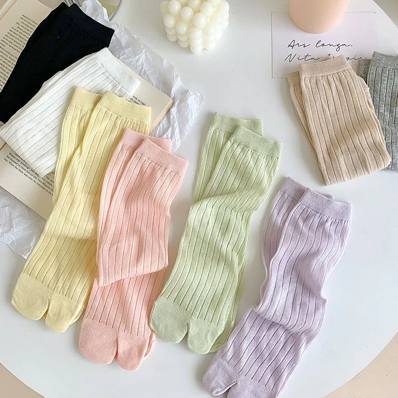 Thin Women's Two-finger Socks Two-toe Hollow Mesh Summer Cotton Sub-toe Socks Solid Color Mid-tube Socks