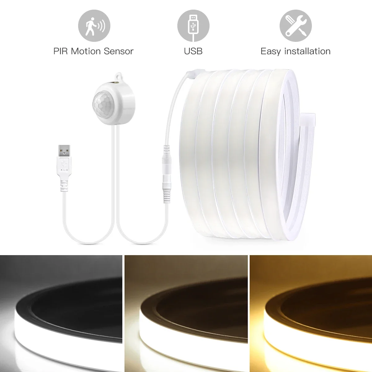 

USB PIR Motion Sensor 5V COB Neon Strip Light Delay Time Adjustable 20-350s 320LEDs/M High Bright Pure Silicone Tube Waterproof