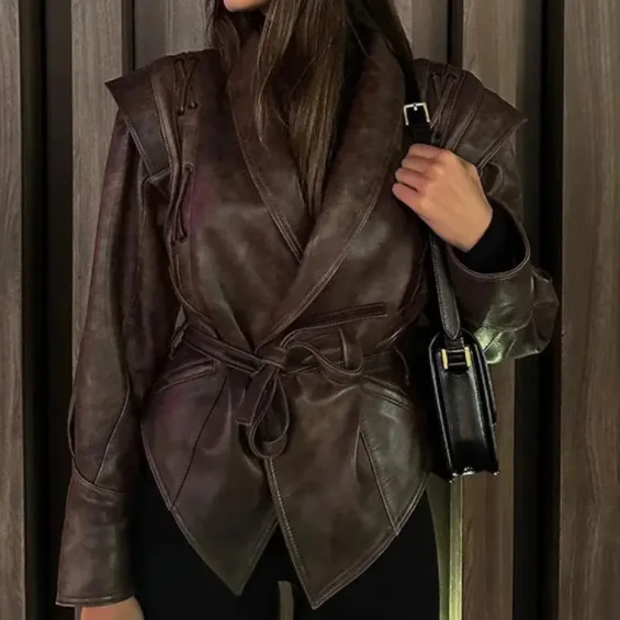 Bangniweigou retro lapel collar single button belted PU leather jacket women full sleeves autumn winter dark coffee coat